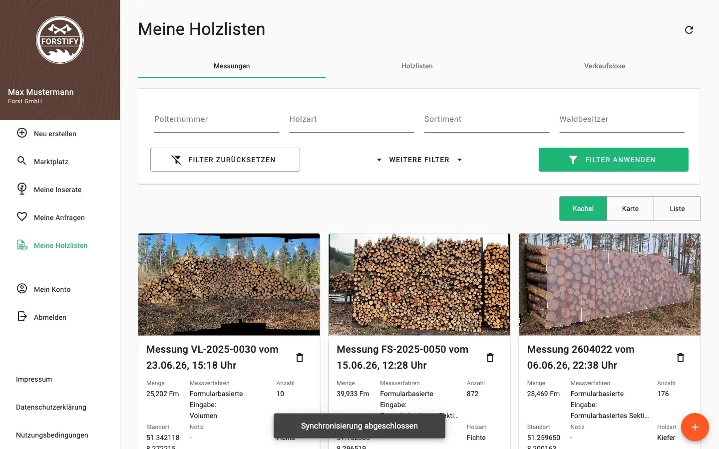 Measurement overview with photos and filters in the Forstify app