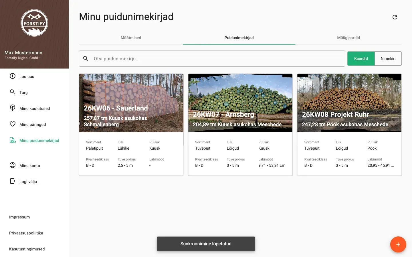 Wood-list overview with assortment, volume and species