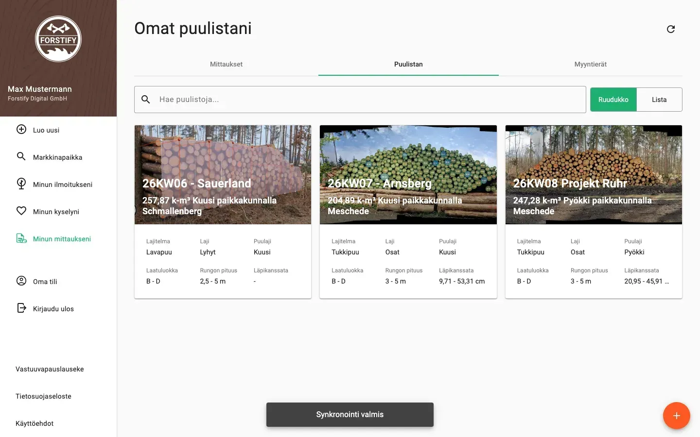 Wood-list overview with assortment, volume and species