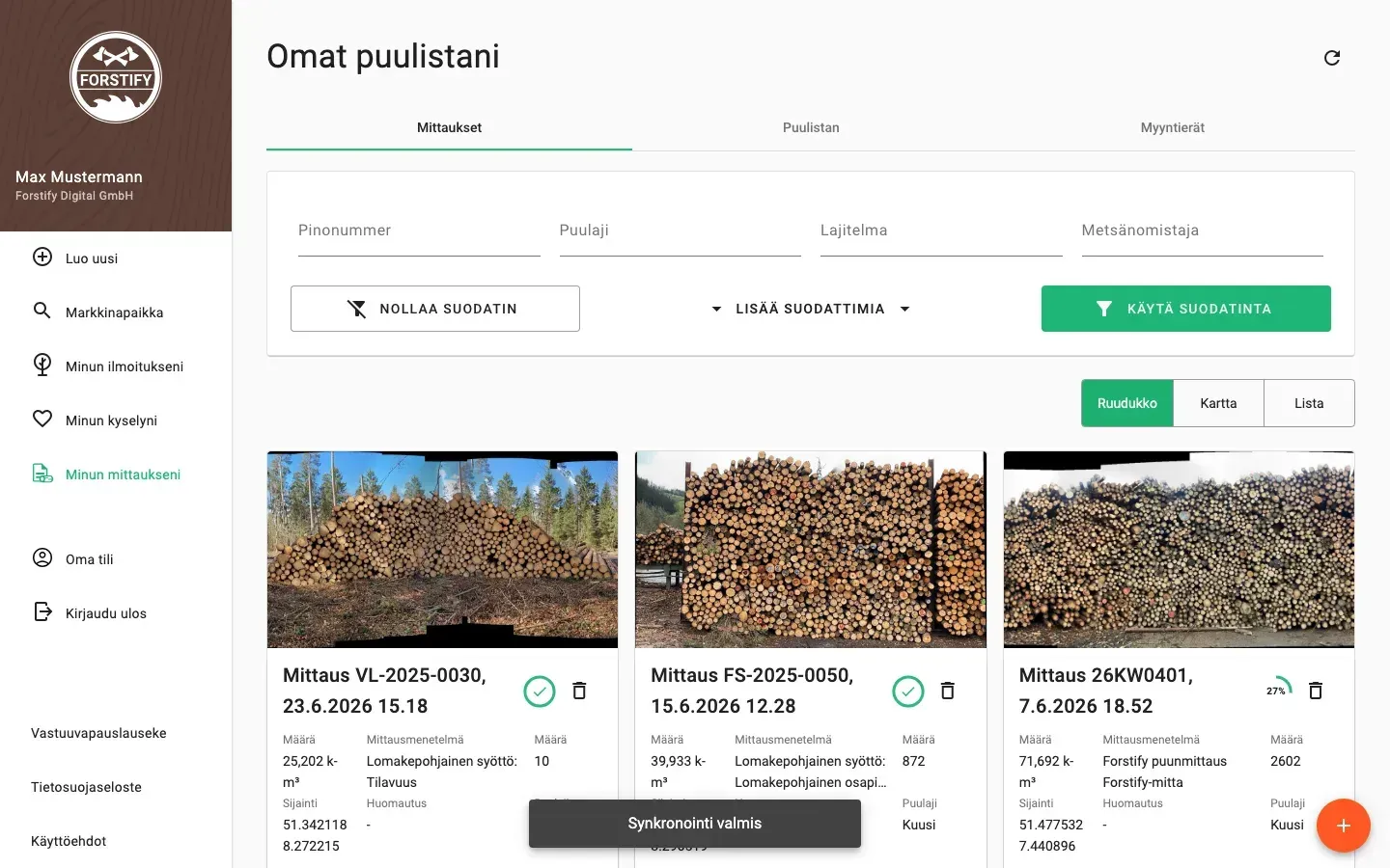 Measurement overview with photos and filters in the Forstify app