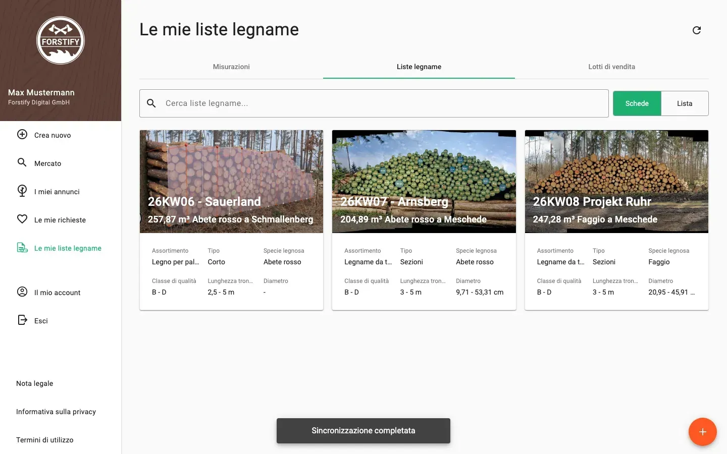 Wood-list overview with assortment, volume and species