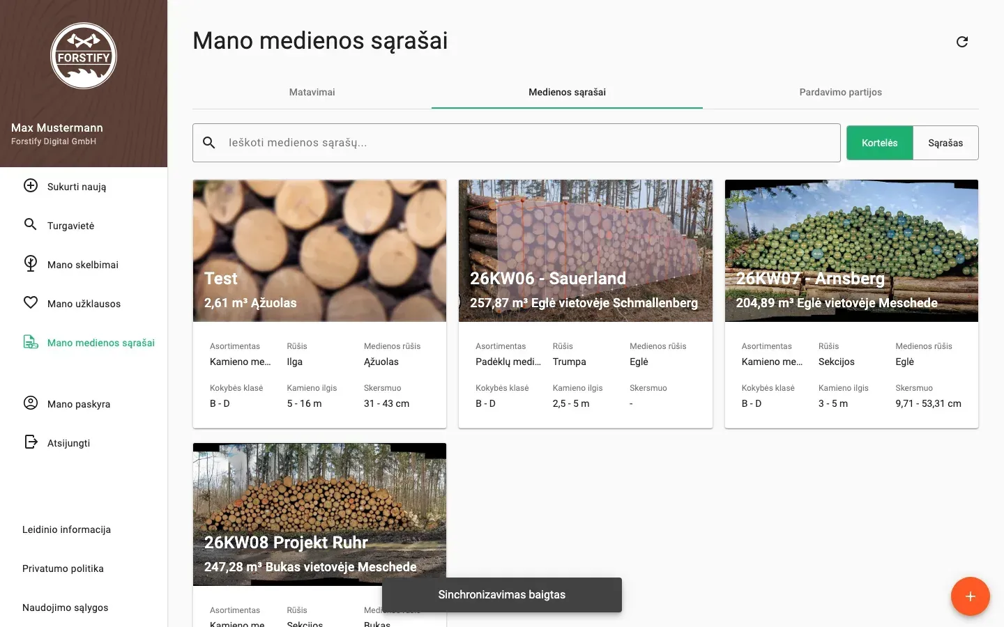 Wood-list overview with assortment, volume and species
