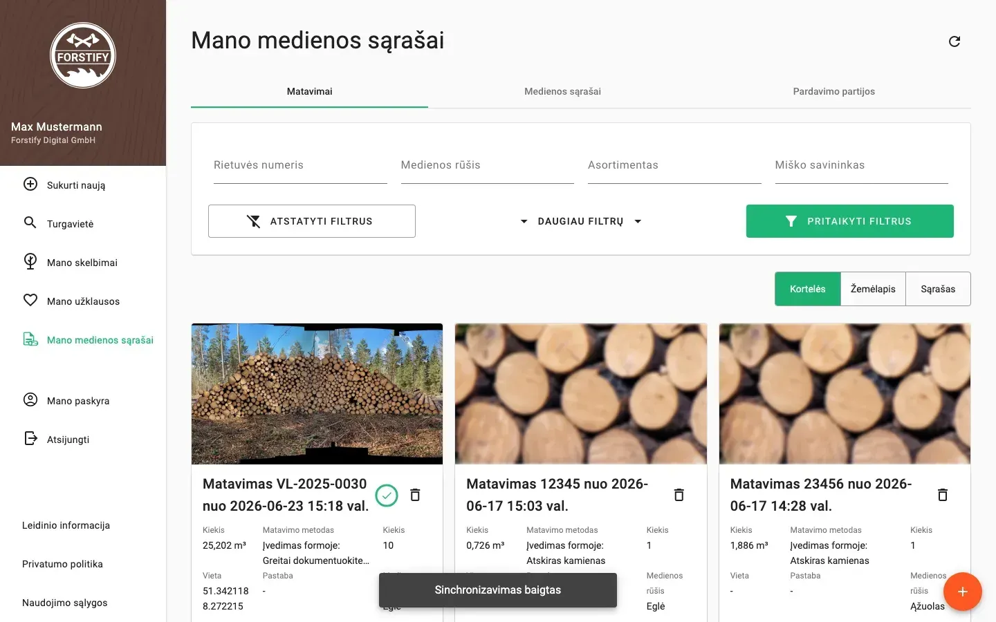 Measurement overview with photos and filters in the Forstify app