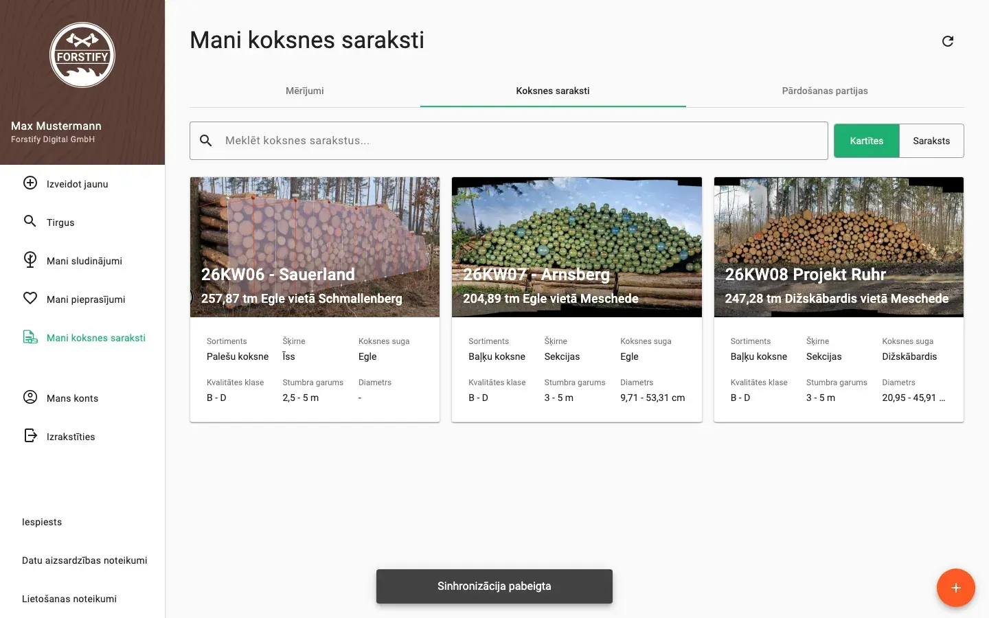 Wood-list overview with assortment, volume and species