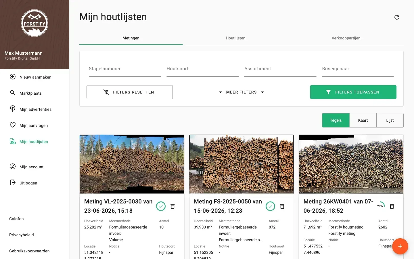 Measurement overview with photos and filters in the Forstify app
