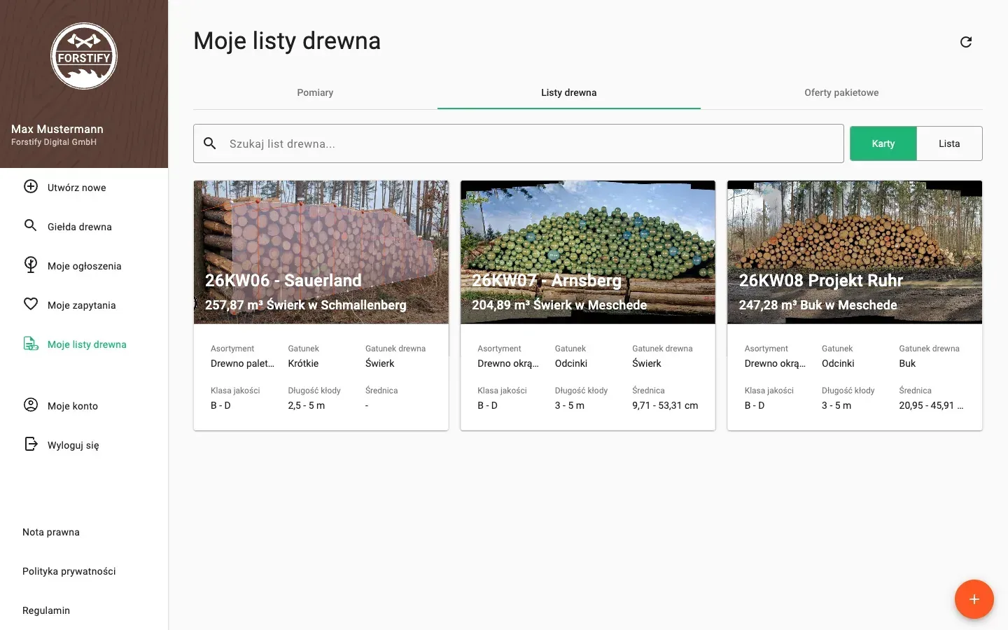 Wood-list overview with assortment, volume and species