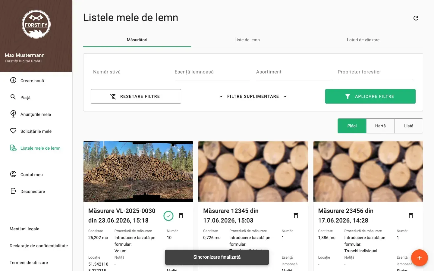 Measurement overview with photos and filters in the Forstify app