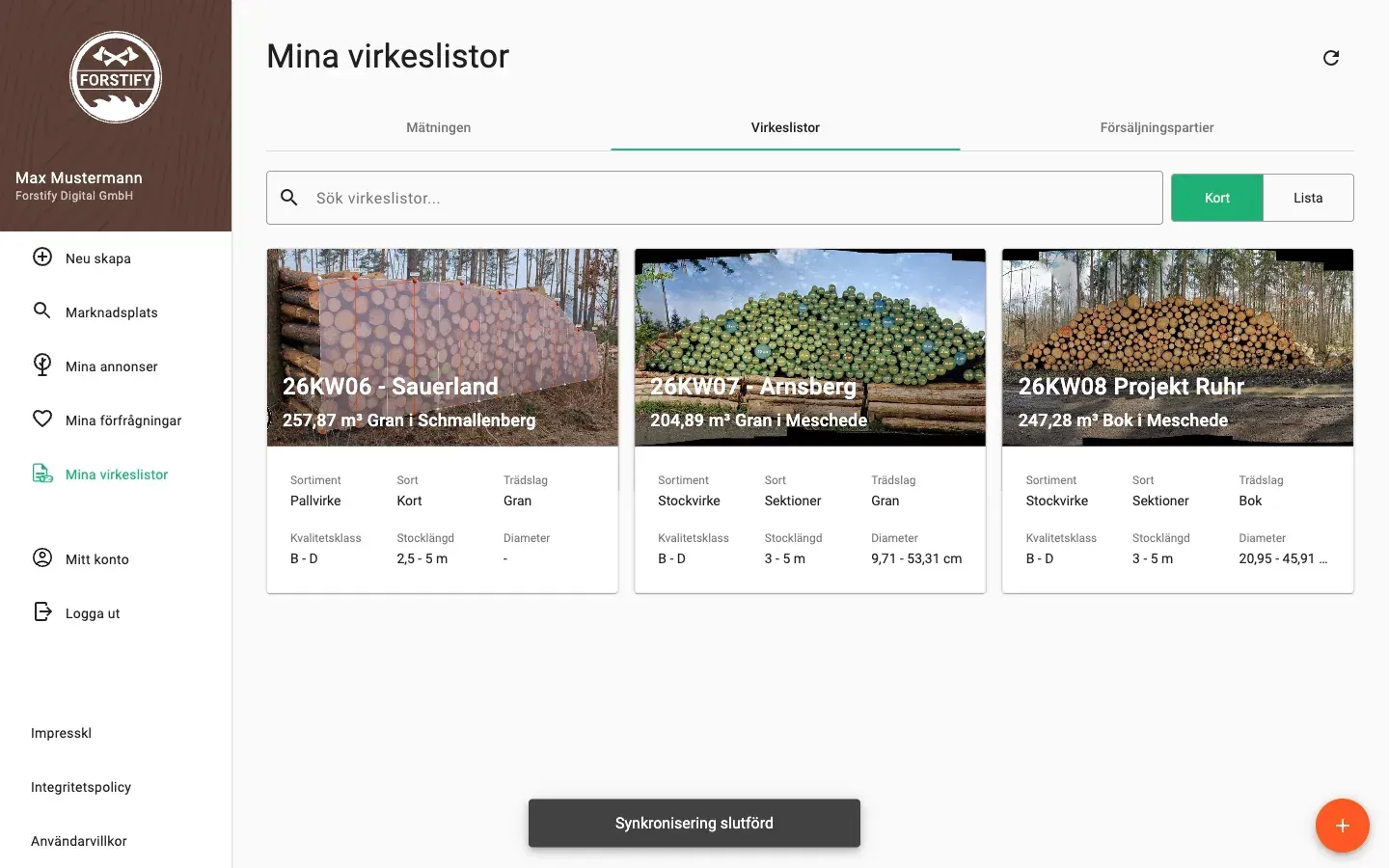 Wood-list overview with assortment, volume and species