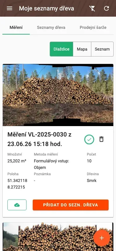 Measurement overview with photos and filters in the Forstify app