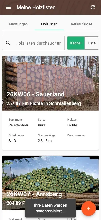 Holzlisten-Übersicht mit Sortiment, Menge und Holzart