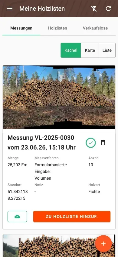 Messungsübersicht mit Fotos und Filtern in der Forstify-App