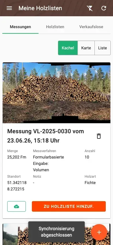 Measurement overview with photos and filters in the Forstify app