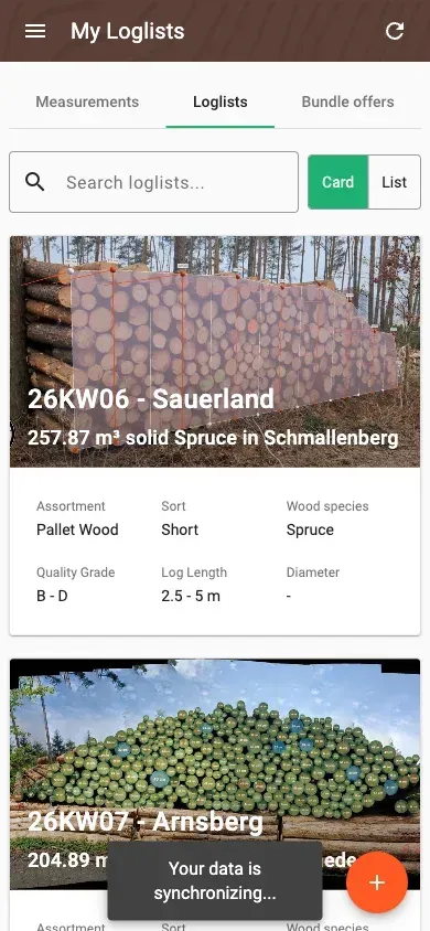 Wood-list overview with assortment, volume and species