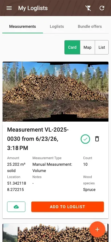 Measurement overview with photos and filters in the Forstify app