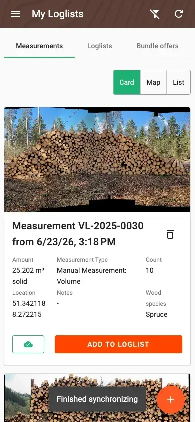 Measurement overview with photos and filters in the Forstify app