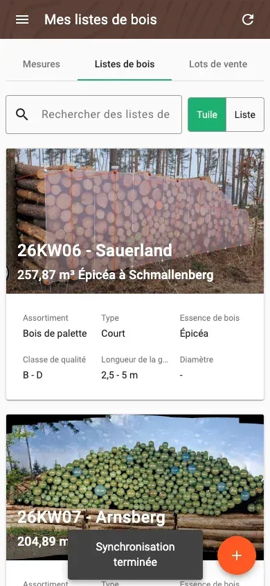 Wood-list overview with assortment, volume and species
