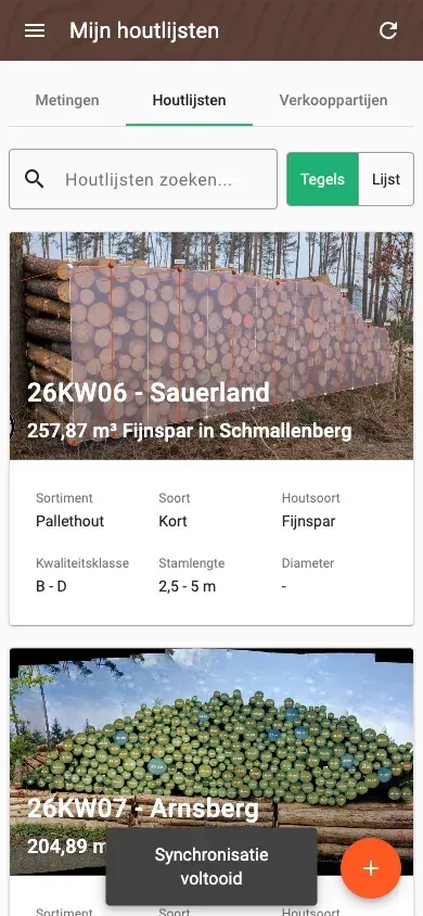 Wood-list overview with assortment, volume and species