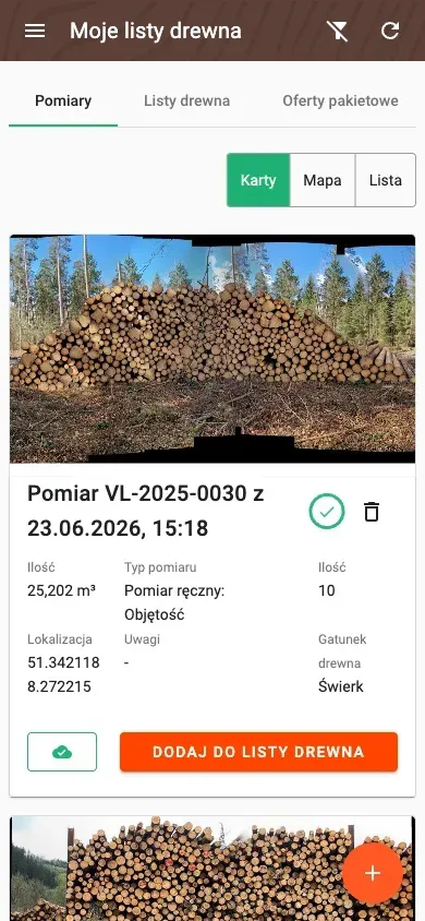 Measurement overview with photos and filters in the Forstify app