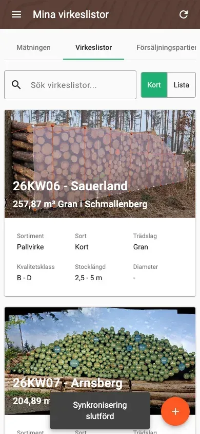 Wood-list overview with assortment, volume and species