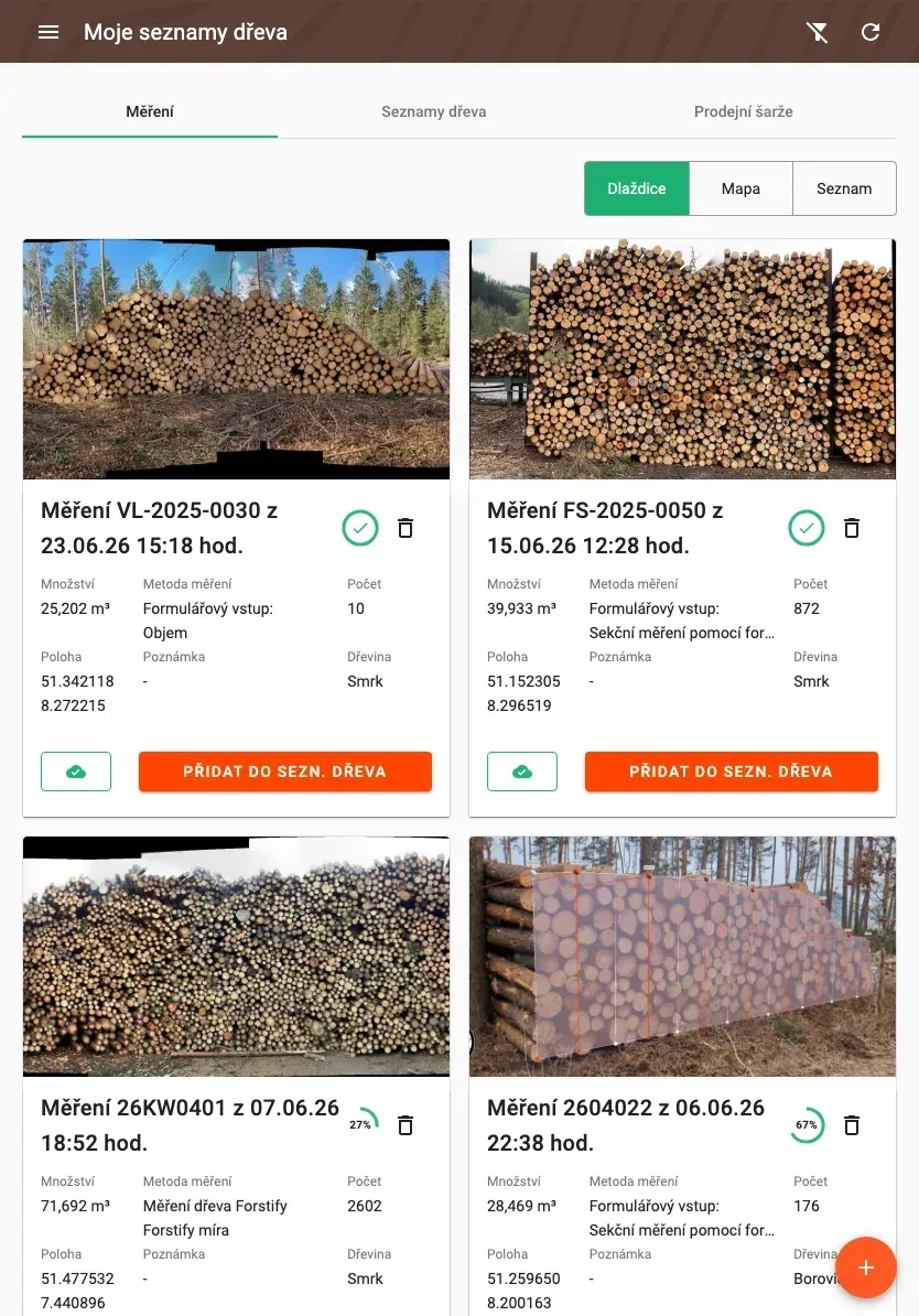 Measurement overview with photos and filters in the Forstify app