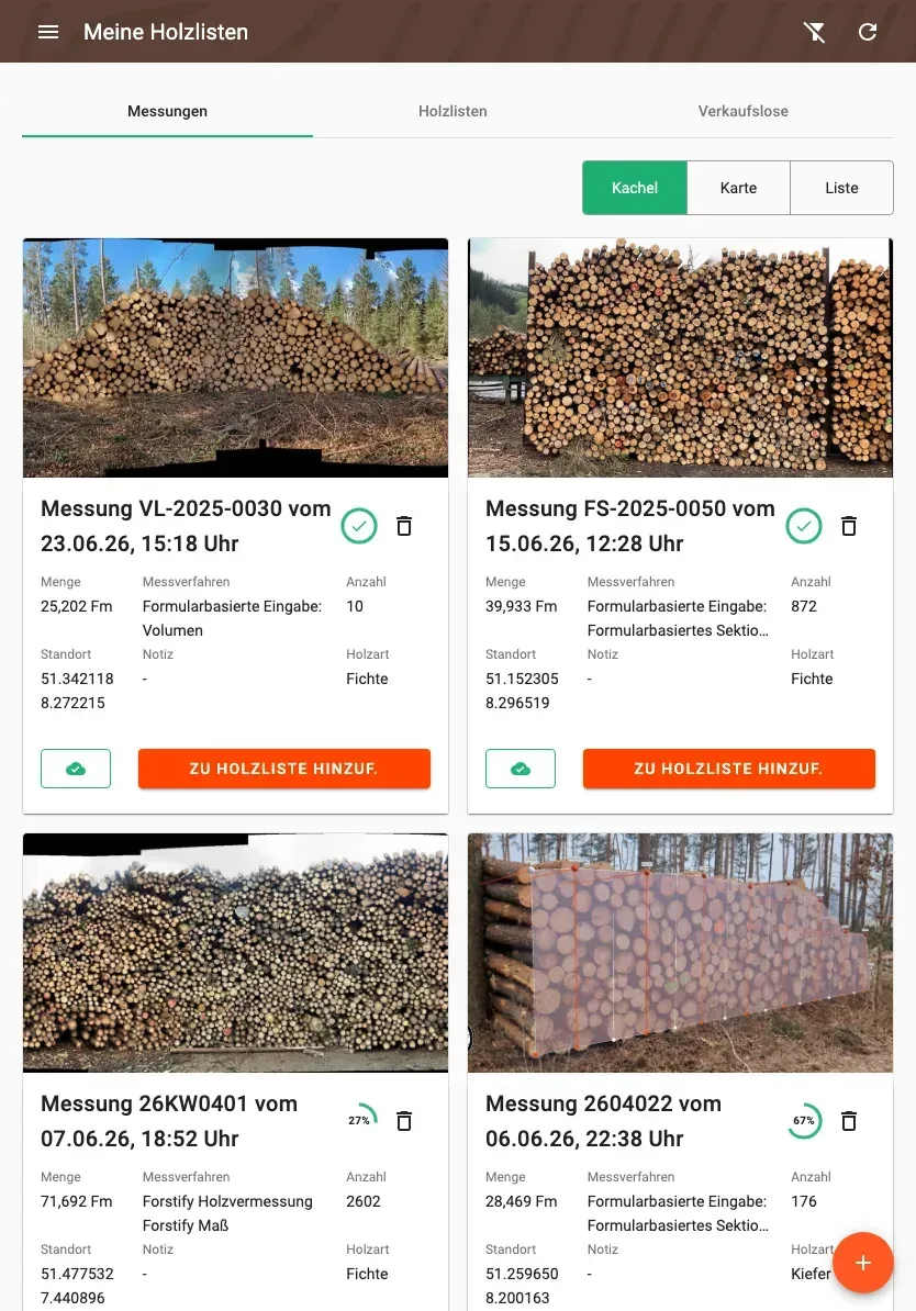 Messungsübersicht mit Fotos und Filtern in der Forstify-App