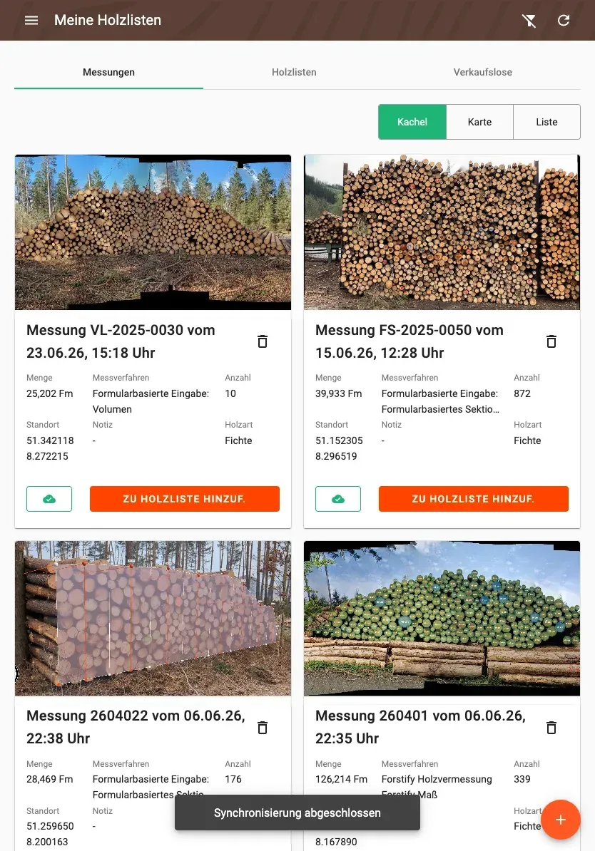 Measurement overview with photos and filters in the Forstify app