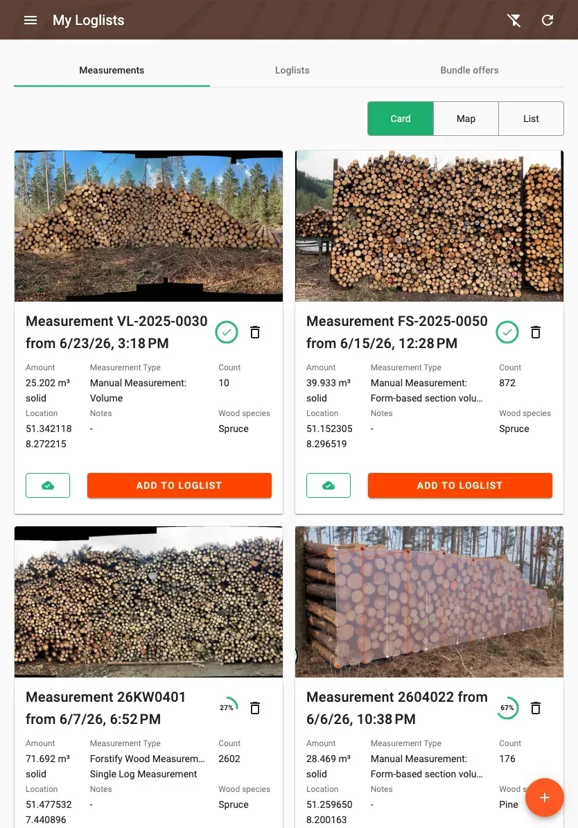 Measurement overview with photos and filters in the Forstify app