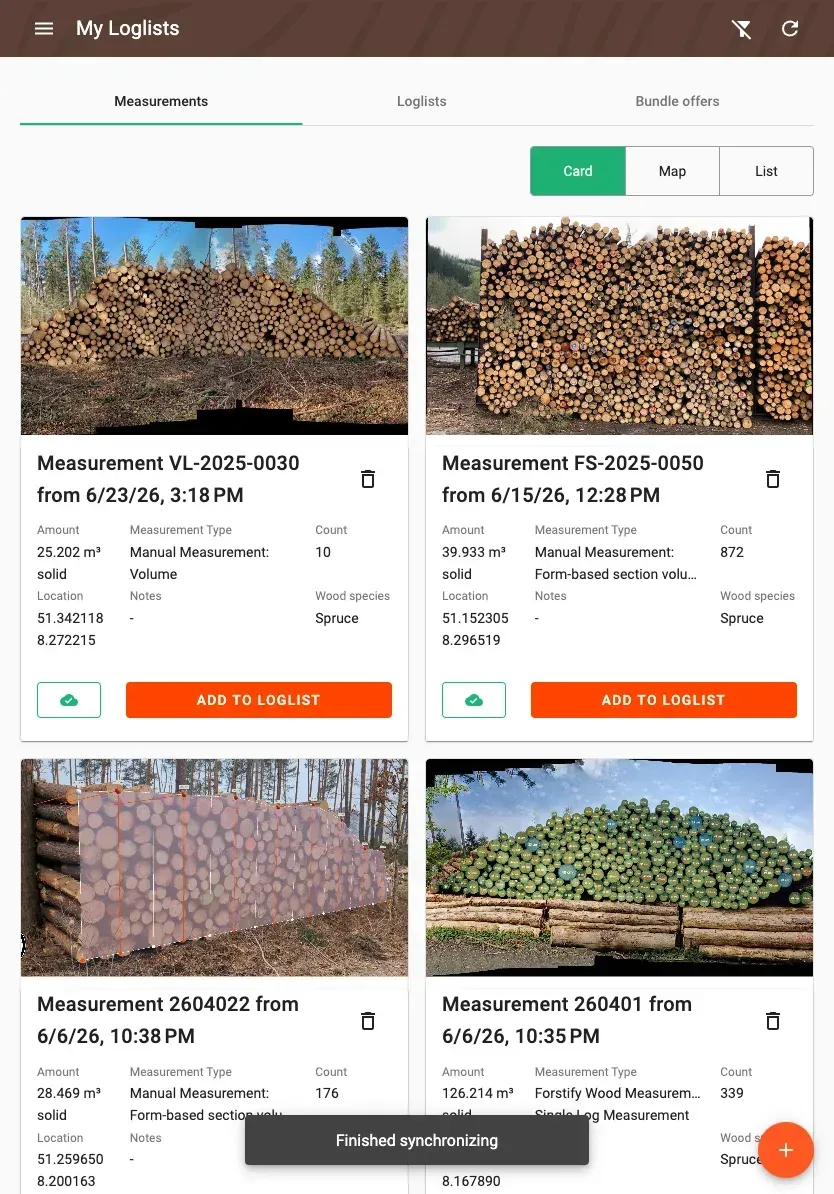 Measurement overview with photos and filters in the Forstify app