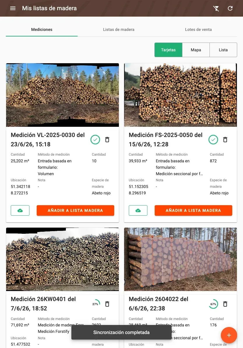 Measurement overview with photos and filters in the Forstify app