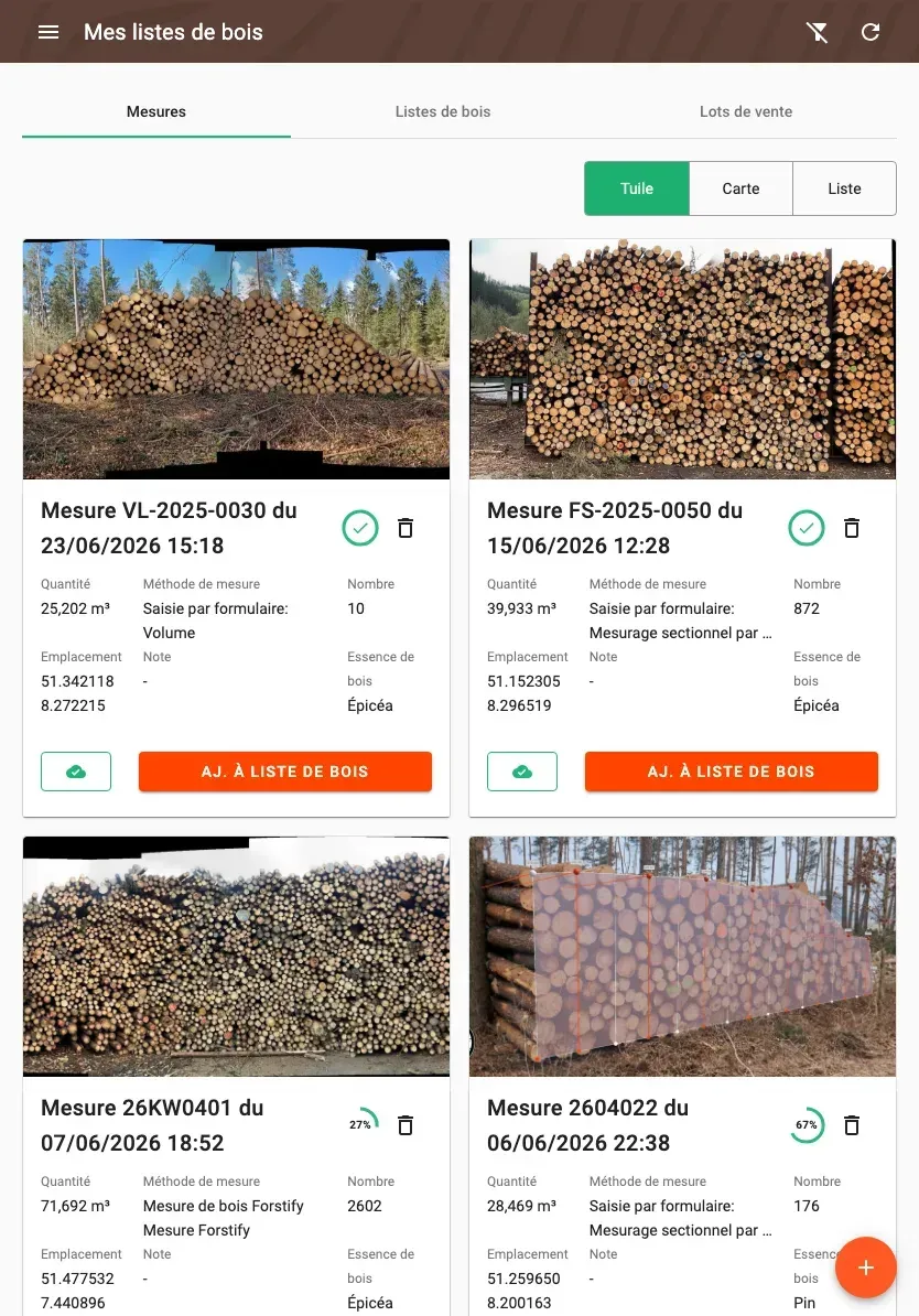Measurement overview with photos and filters in the Forstify app