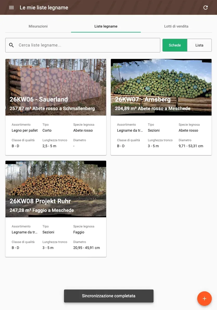 Wood-list overview with assortment, volume and species
