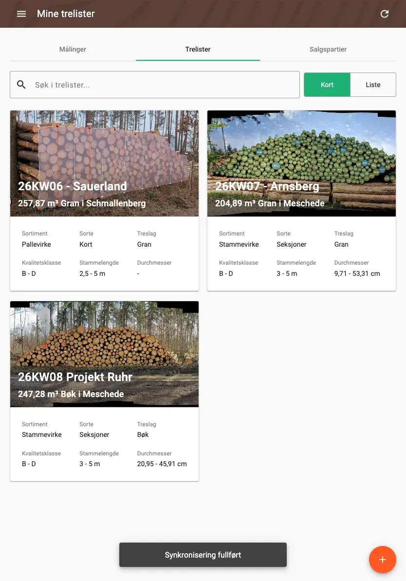 Wood-list overview with assortment, volume and species