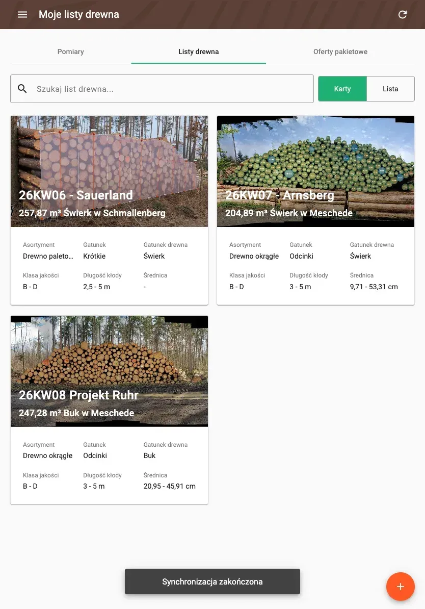 Wood-list overview with assortment, volume and species