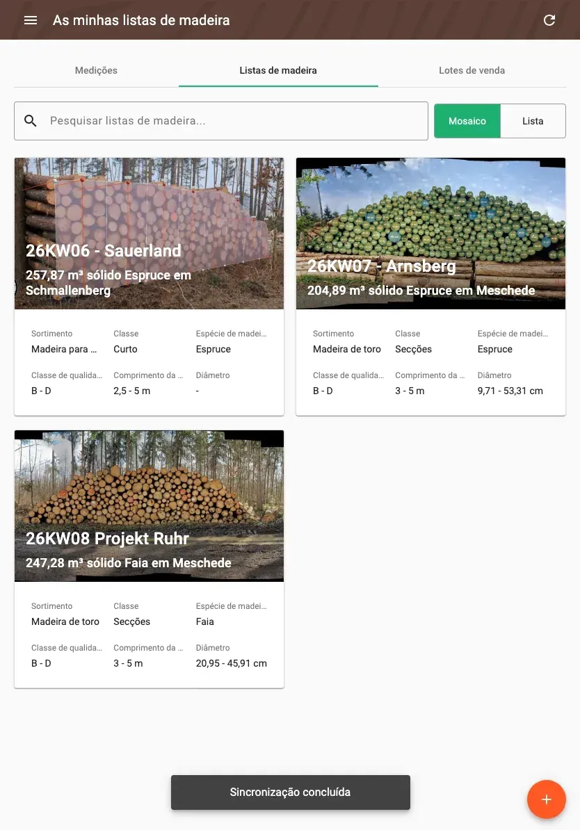Wood-list overview with assortment, volume and species