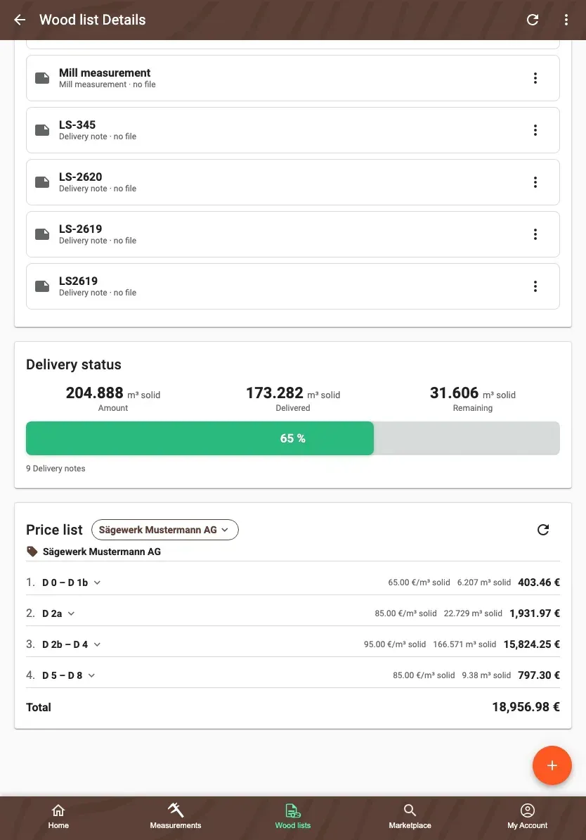 Price list card on a wood list with price rows and total