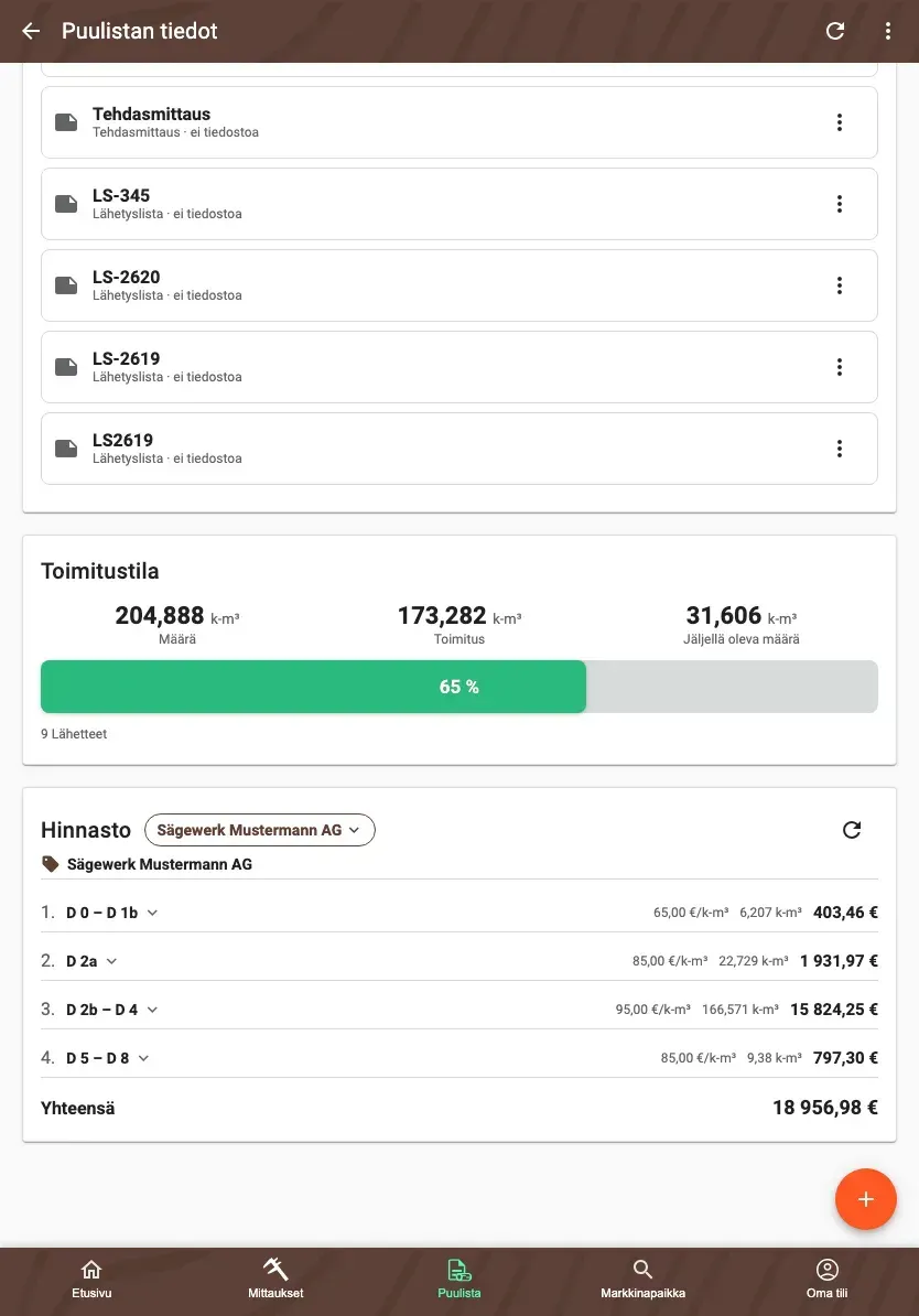 Puulistan hinnastokortti hintariveineen ja summineen