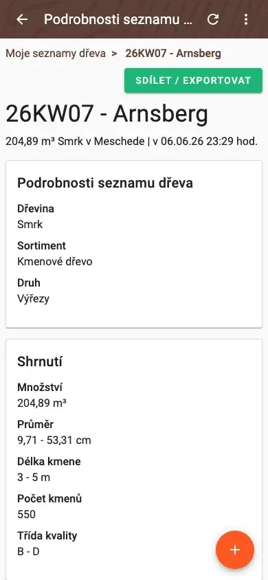Rozložení tříd kvality seznamu dřeva