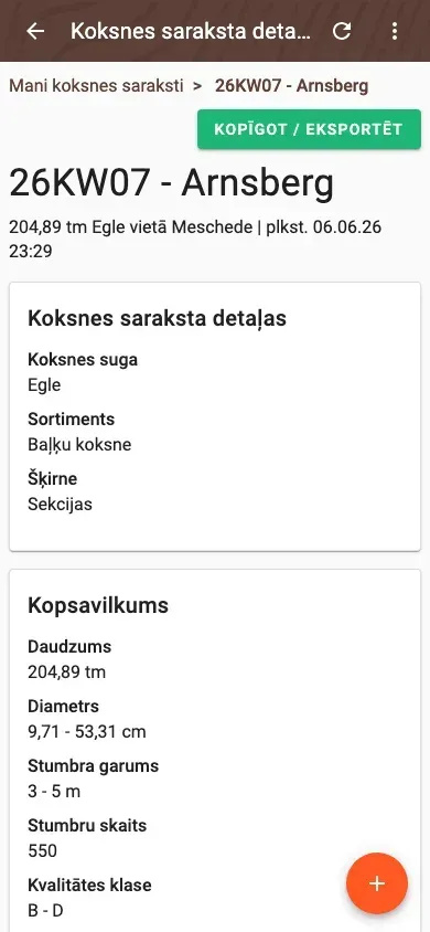 Kokmateriālu saraksta kvalitātes klašu sadalījums