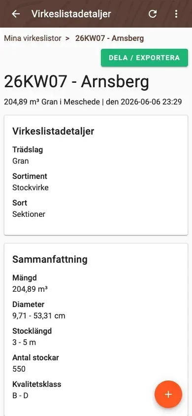 Kvalitetsklassfördelning i en virkeslista