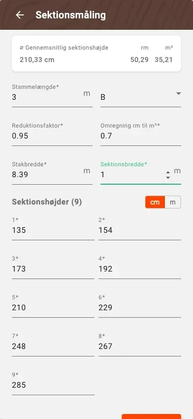 Ny sektionsmåling med beregnet volumen