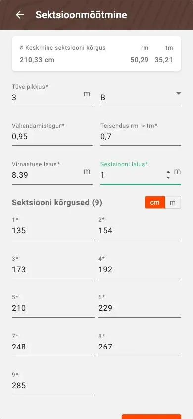 Uus sektsioonimõõtmine arvutatud mahuga