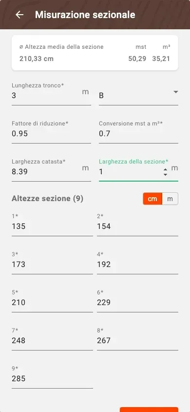 Nuova misurazione sezionale con volume calcolato