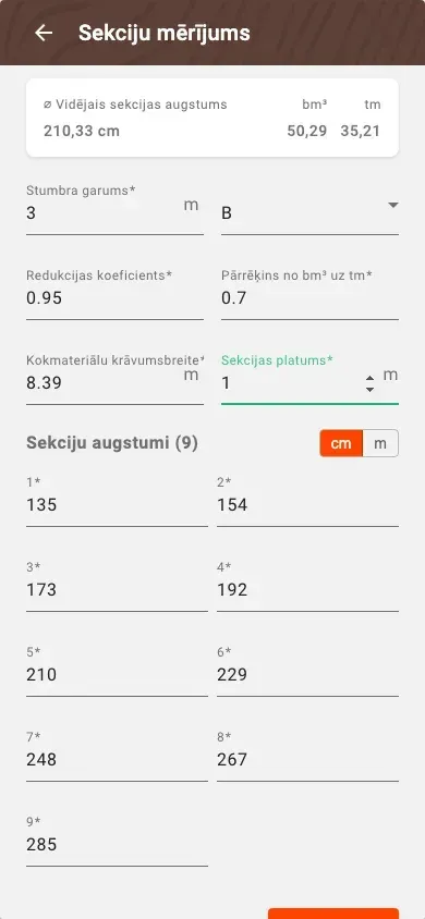 Jauna sekciju tilpuma mērīšana ar aprēķinātu tilpumu