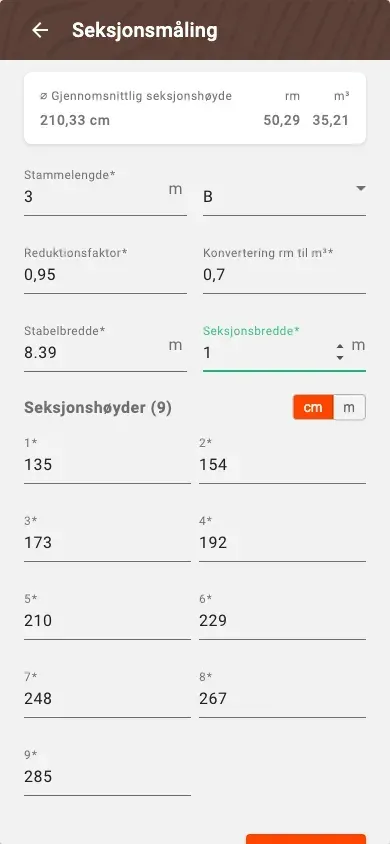Ny seksjonsrommåling med beregnet volum