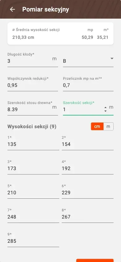 Nowy pomiar sekcyjny z obliczoną objętością