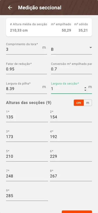 Nova medição por secções com volume calculado