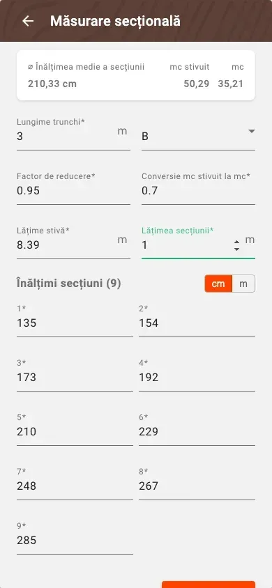 Măsurătoare nouă pe secțiuni cu volum calculat
