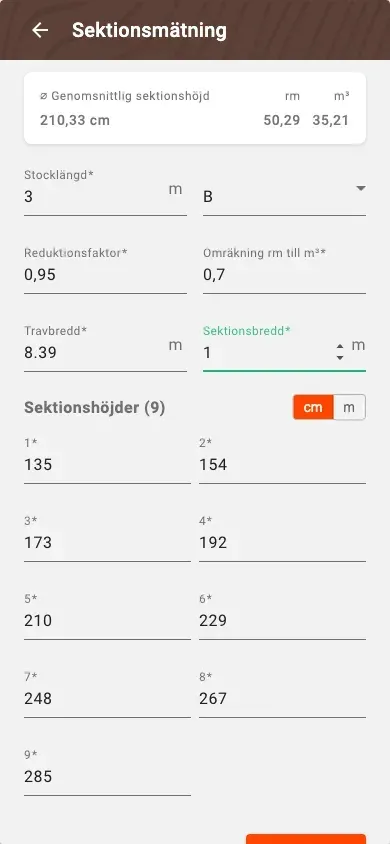 Ny sektionsmätning med beräknad volym