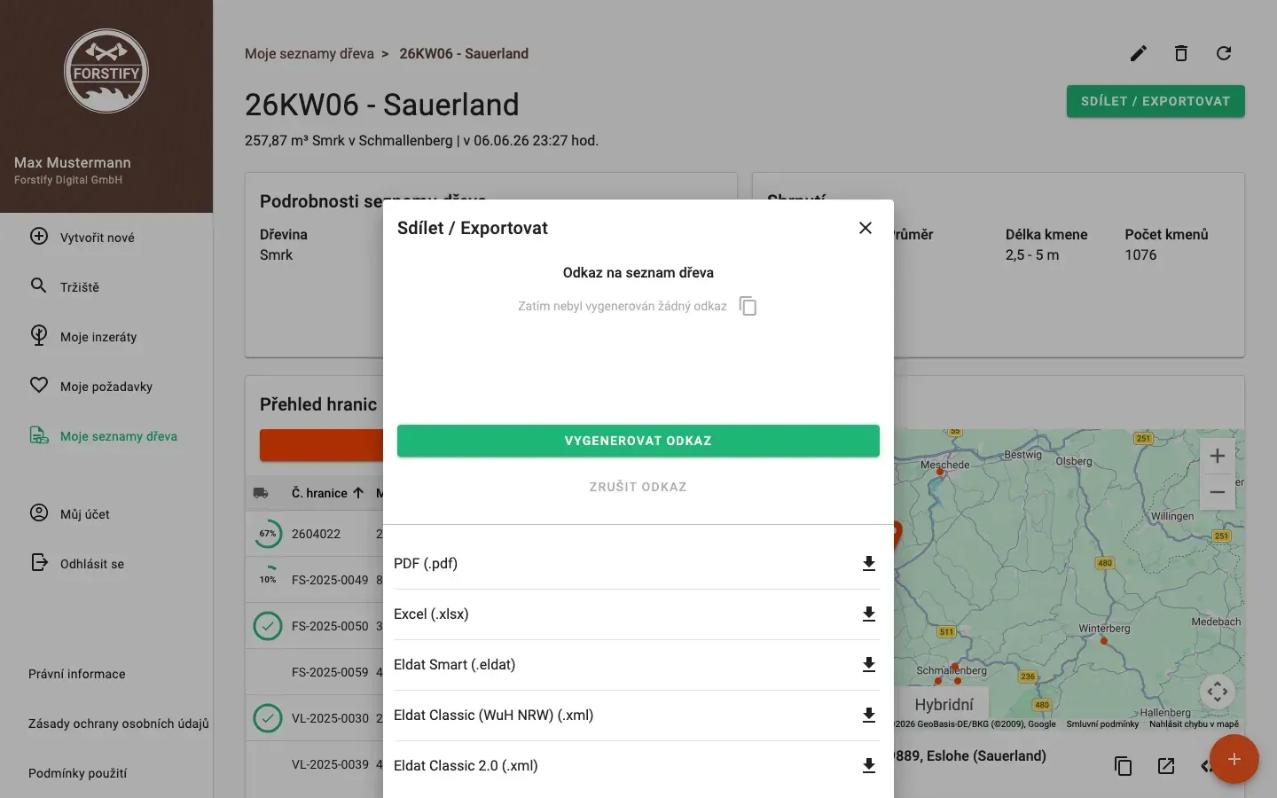 Share and export a wood list – PDF, Excel, ELDAT