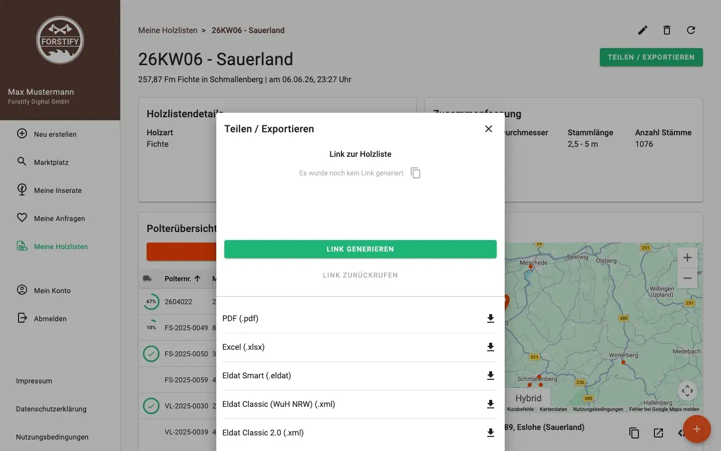 Holzliste teilen und exportieren – PDF, Excel, ELDAT